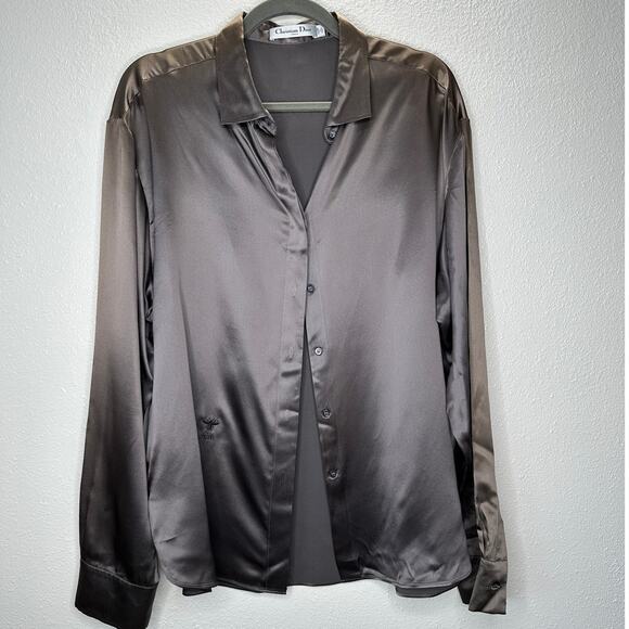 Christian Dior 100% Silk Taupe Brown Multi-Tonal Shimmer Button Blouse 14 - Picture 2 of 13
